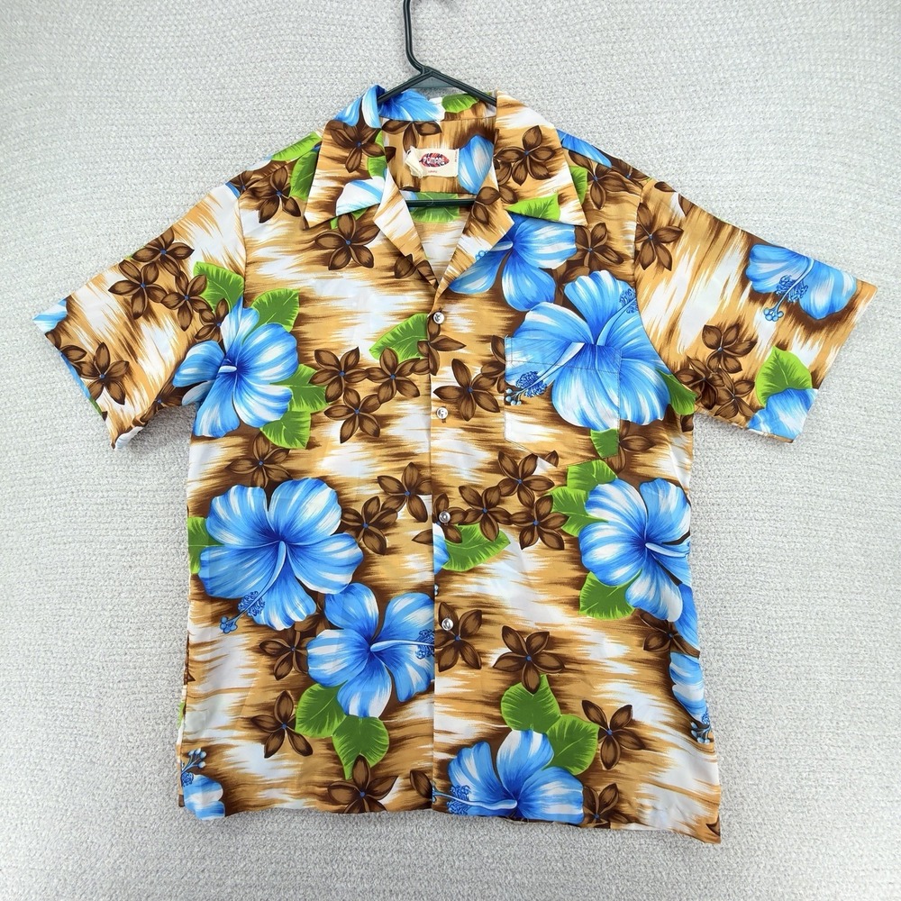 Vintage Pomare Hawaii Hawaiian Shirt Blue Hibiscus Floral Camp Collar Men's M(?)
